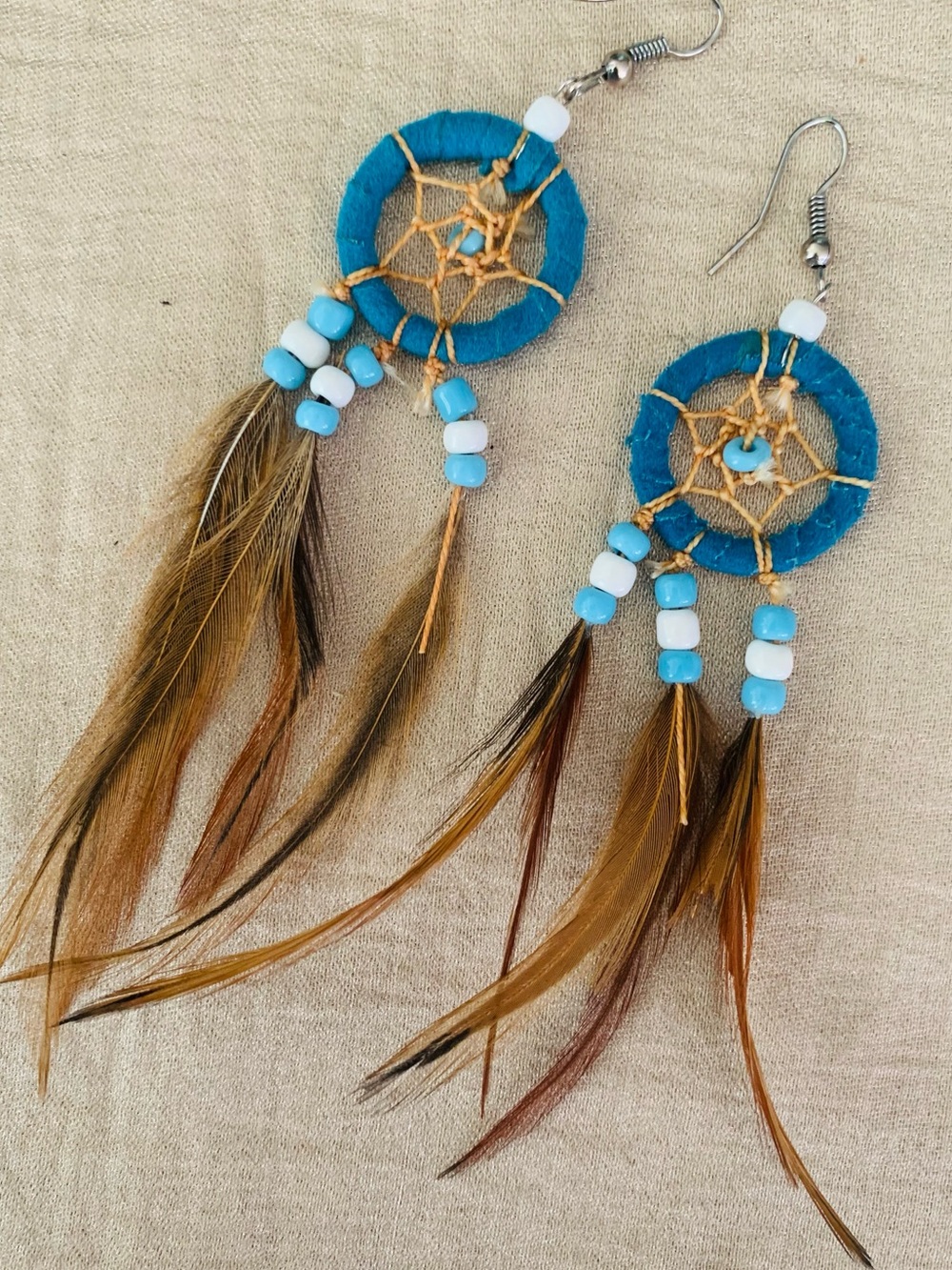 Boho Teal Dreamcatcher Feather Earrings
